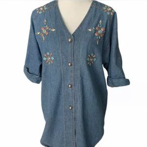 Vintage 80s 90s Denim Top Beaded Button Down Shirt Womens M Western Southwest